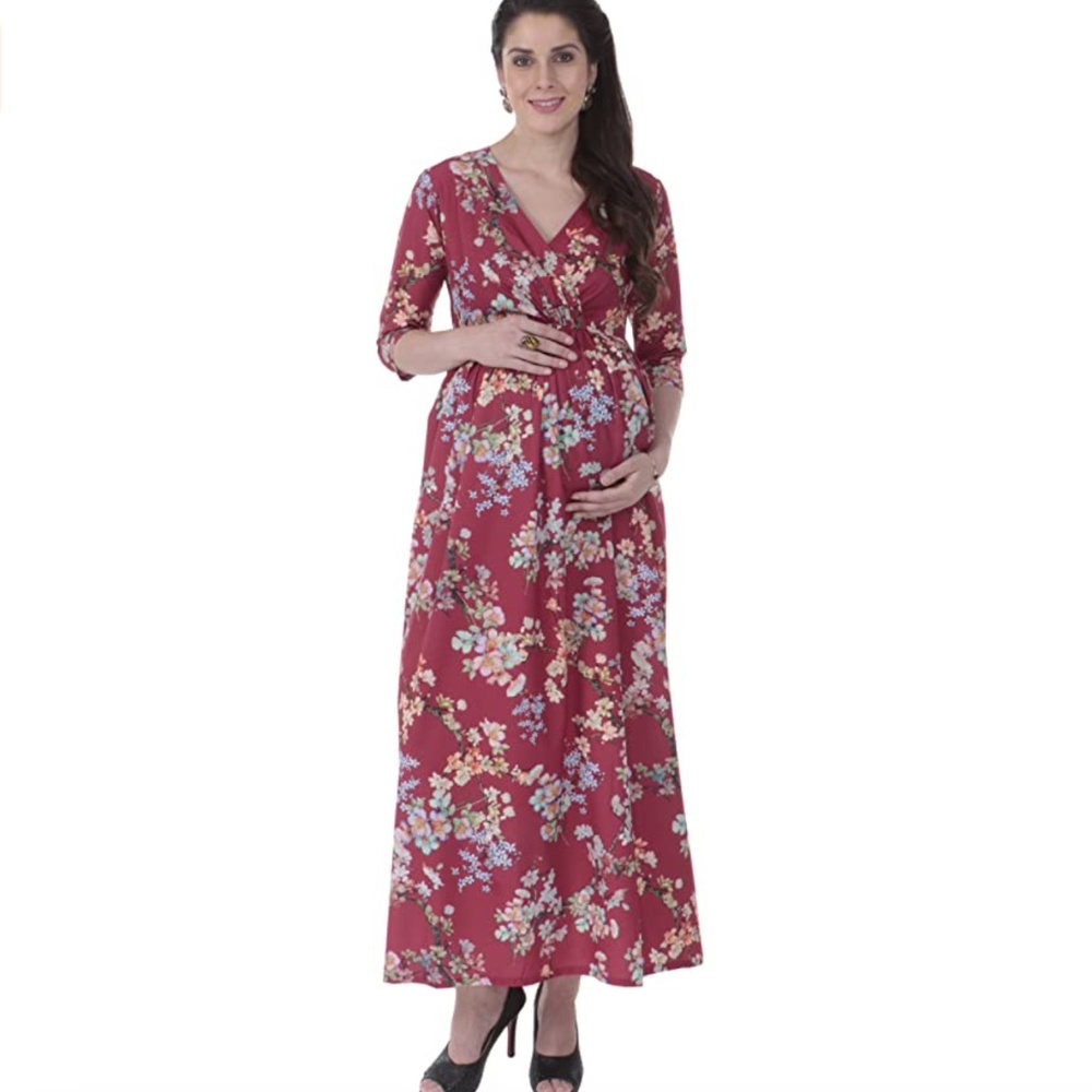 NEW Mom-To-Be Women's Long 3/4th Sleeves Maternity Dress Small Red Print